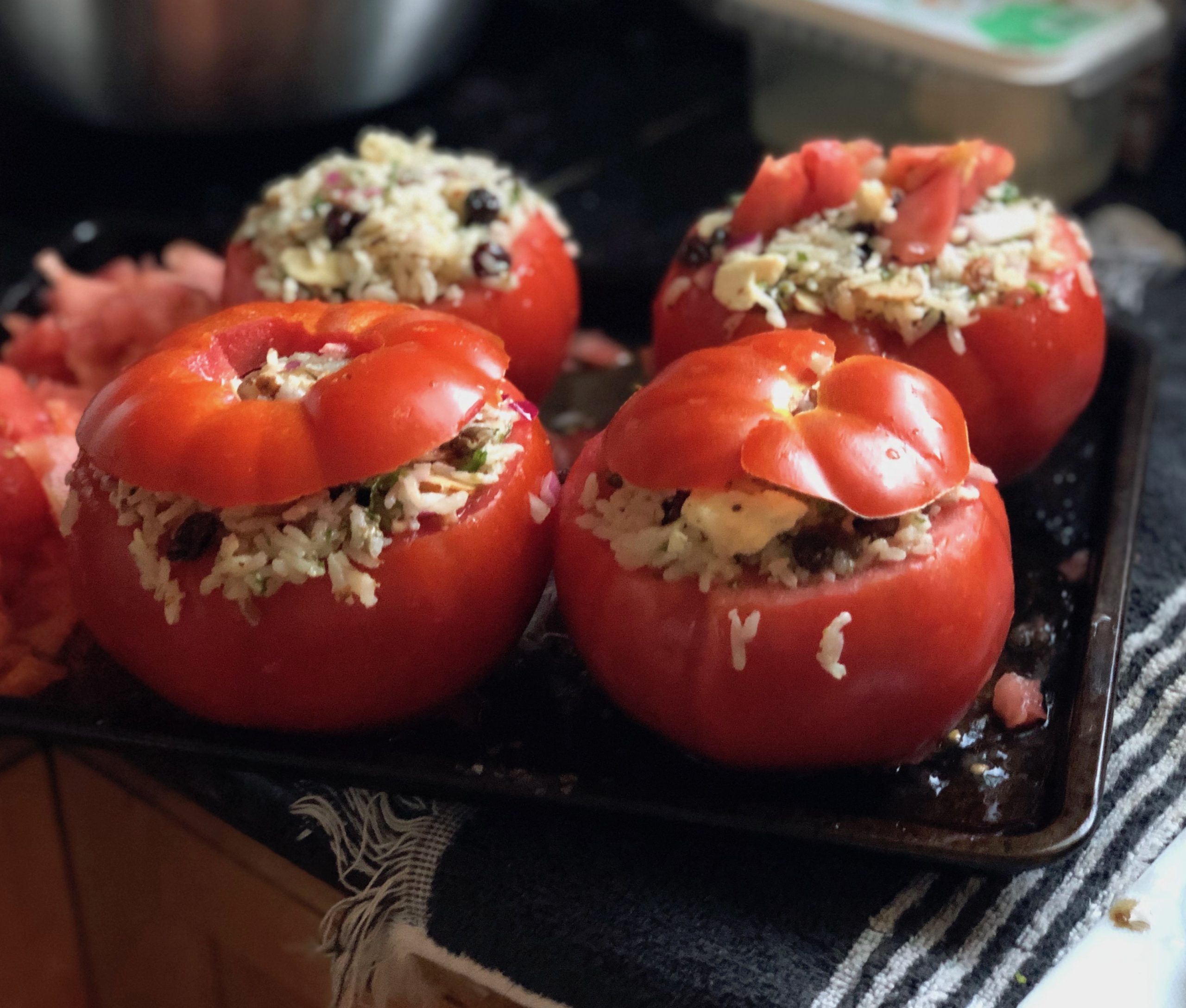 Rice, Raisin, Caper stuffed Tomatoes